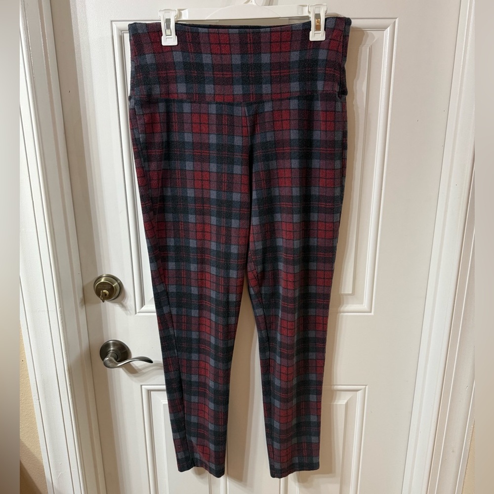 Natural Reflections Stretchy Black, Gray and Burgundy Plaid Leggings